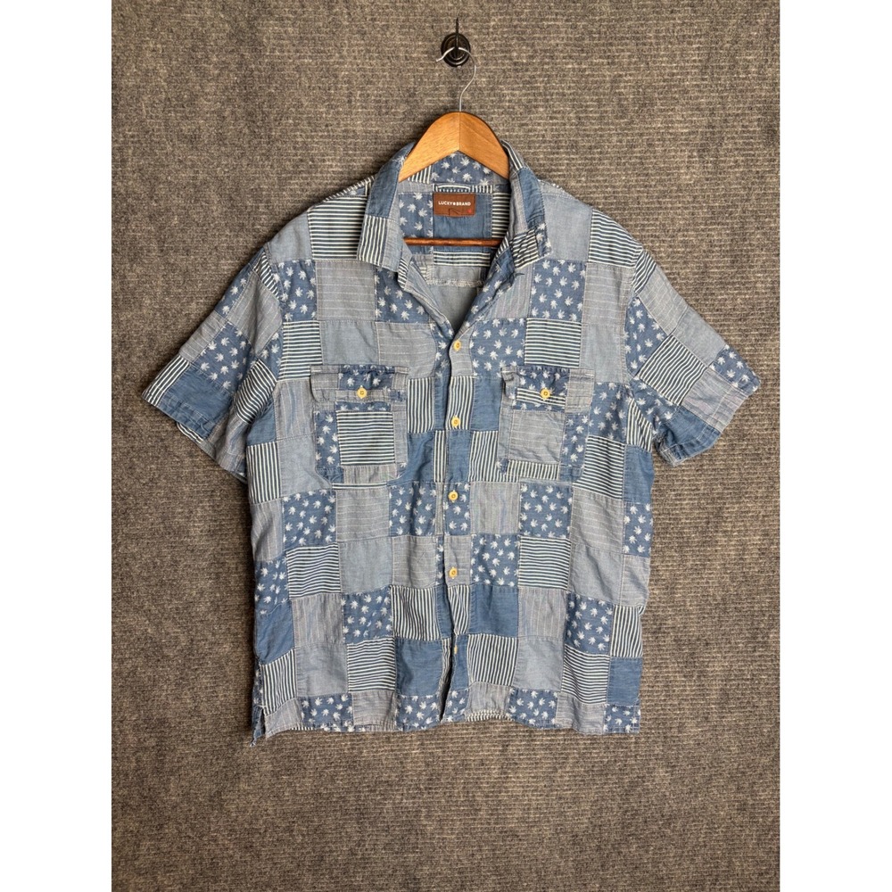 Lucky Brand Mens Patchwork Indigo Blue Short Sleeve Button Down Shirt Large